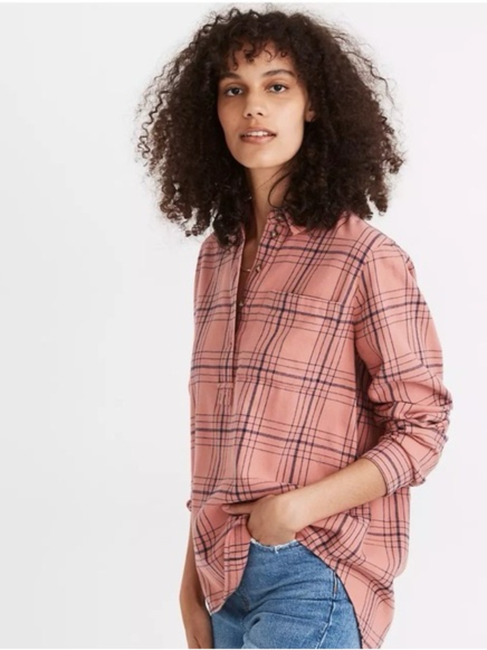 Madewell Flannel Popover Shirt Coral Pink Plaid Size Small